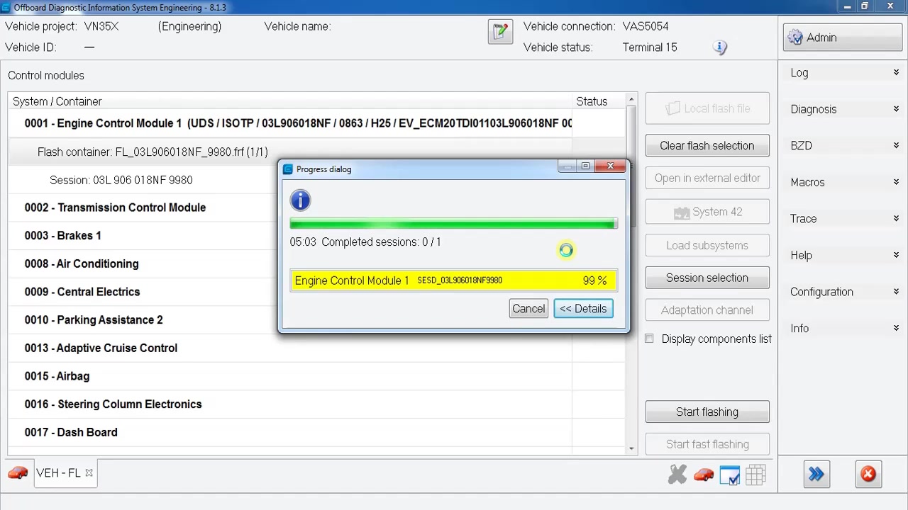 Progress dialog showing 'Update identification data' and 'Save log' with a green checkmark, indicating successful flashing.