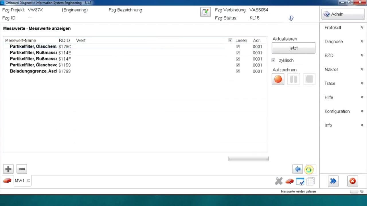 Live data display for the selected DPF parameters, showing current values like 'Partikelfilter, Ölaschemasse: 54.6 g'.