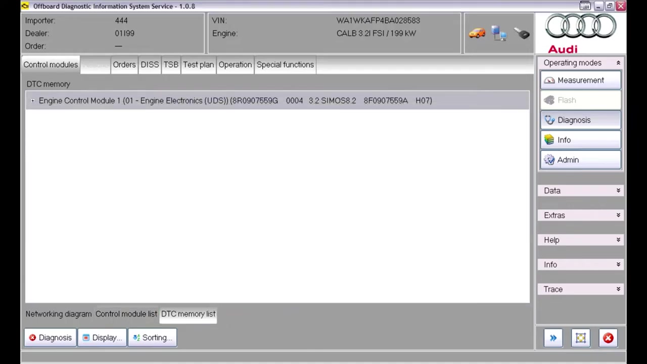 DTC memory list tab showing 'Engine Control Module 1' expanded to reveal a specific DTC (P207500) and its status.