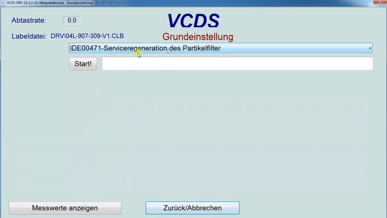 VCDS basic settings screen for 'ServiceRegeneration des Partikelfilter' (Service Regeneration of the Particulate Filter) with a live view of the car's dashboard.