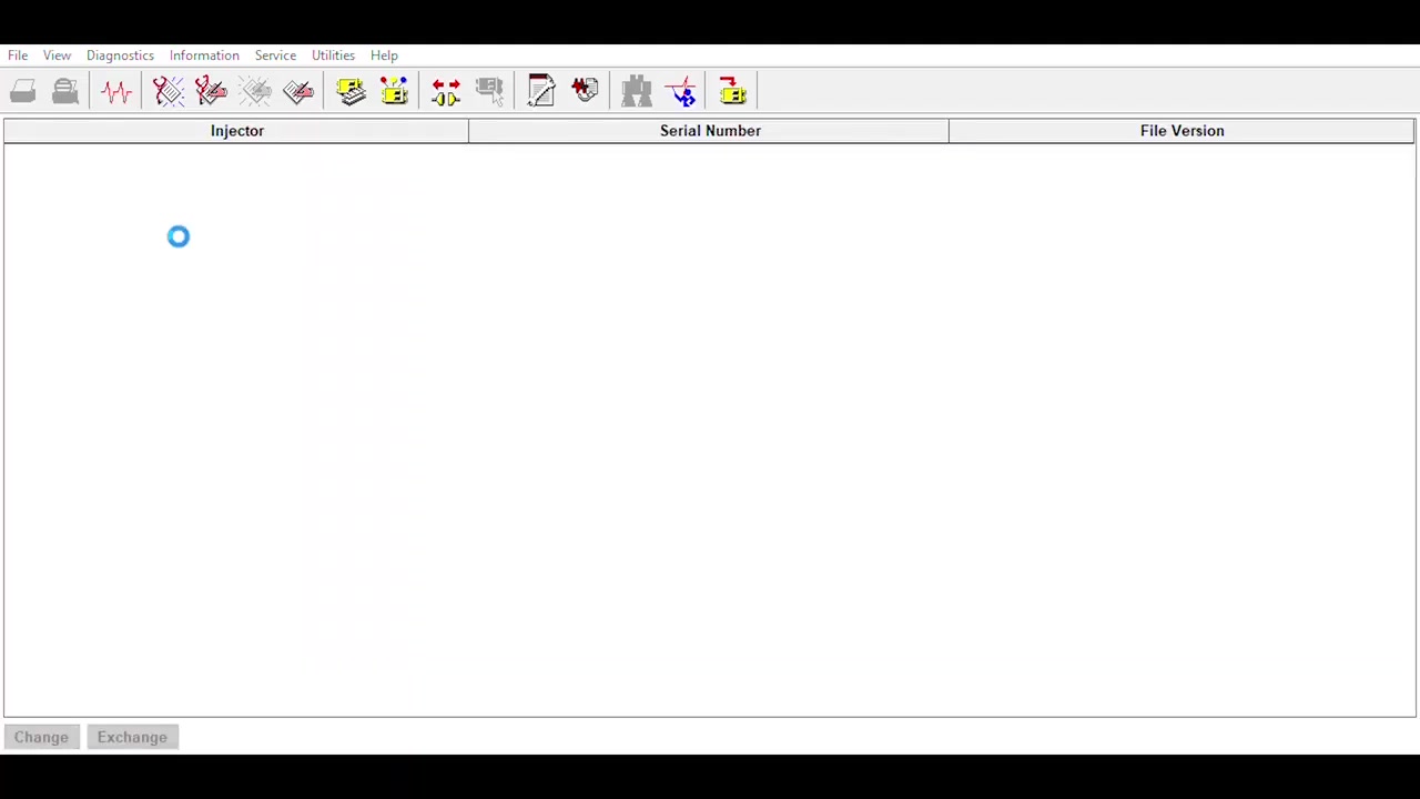 Screenshot of the ET software's 'Injector Trim Calibration' screen, displaying injector numbers and their corresponding serial numbers and file versions.