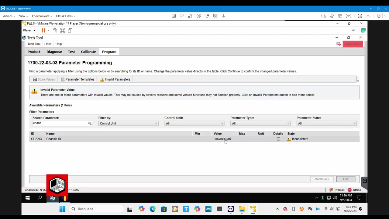 Tech Tool 'Inconsistent Parameter Values' warning for Chassis ID.