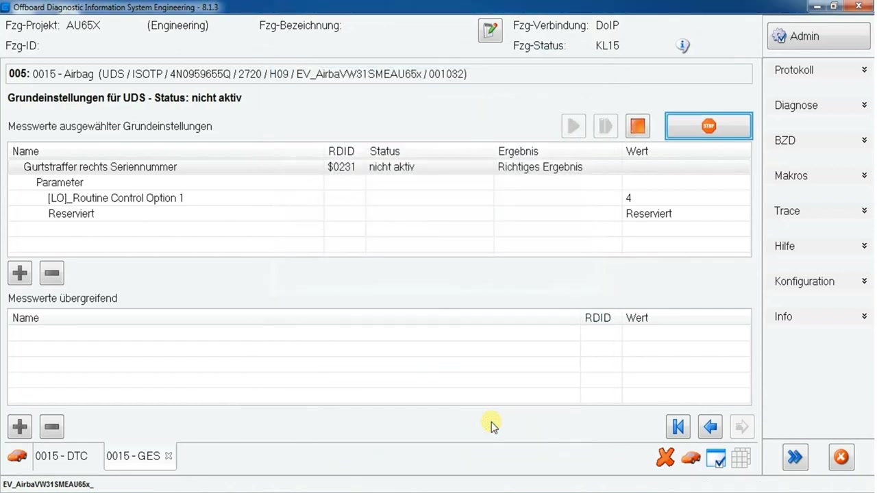 Basic settings successful, showing 'Richtiges Ergebnis' (Correct result) for the selected parameter.