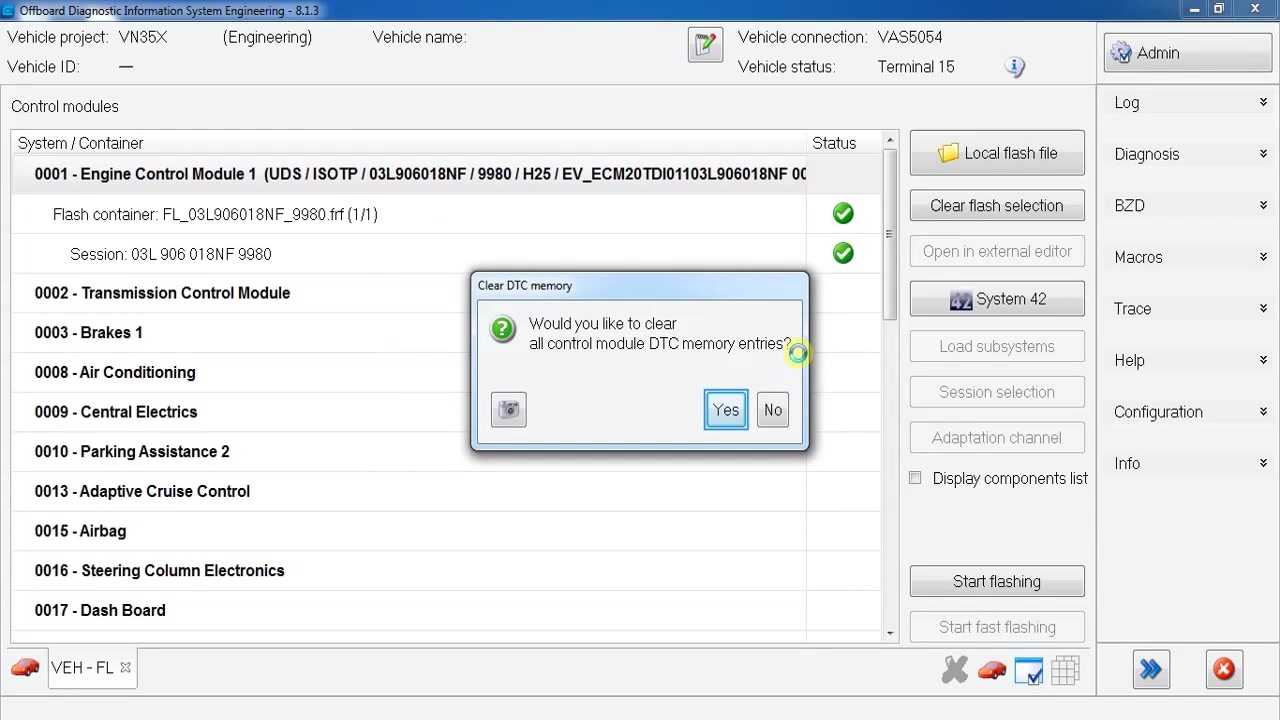 Confirmation dialog asking 'Would you like to clear all control module DTC memory entries?'.