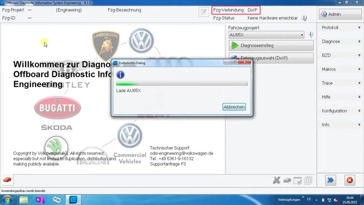 ODIS-E showing 'Fzg-Verbindung: DoIP' (Vehicle Connection: DoIP) at the top, confirming the DoIP connection, while loading project information.