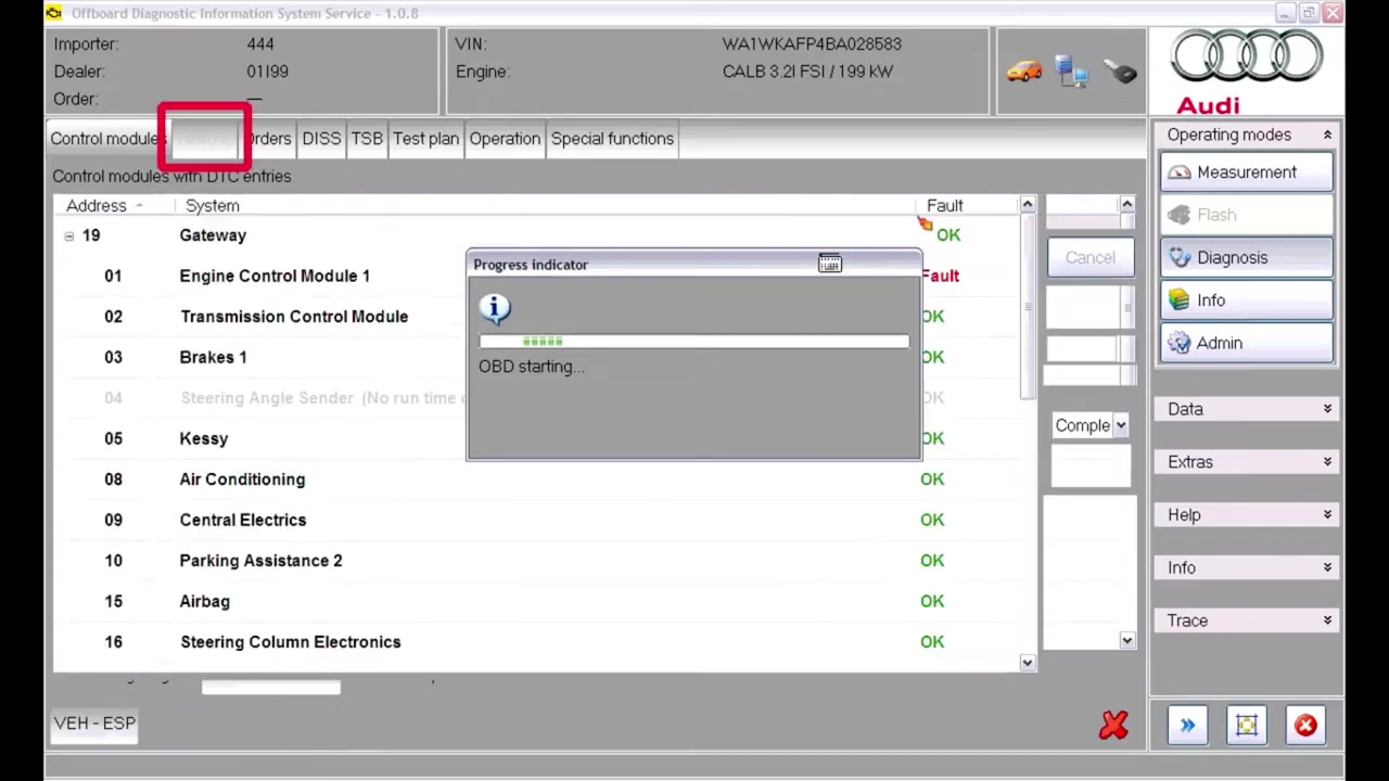 Results tab after checking DTCs, showing 'Gateway' with an 'OK' status and 'Engine Control Module 1' with a 'Fault' status.