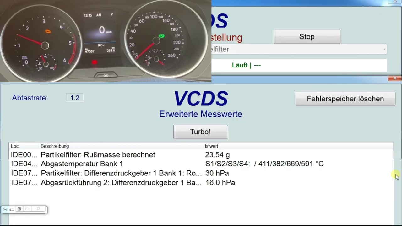 VCDS extended measuring values during DPF regeneration, showing 'Partikelfilter: Rußmasse berechnet' (calculated soot mass) decreasing, and 'Abgastemperatur Bank 1' (exhaust gas temperature Bank 1) values.