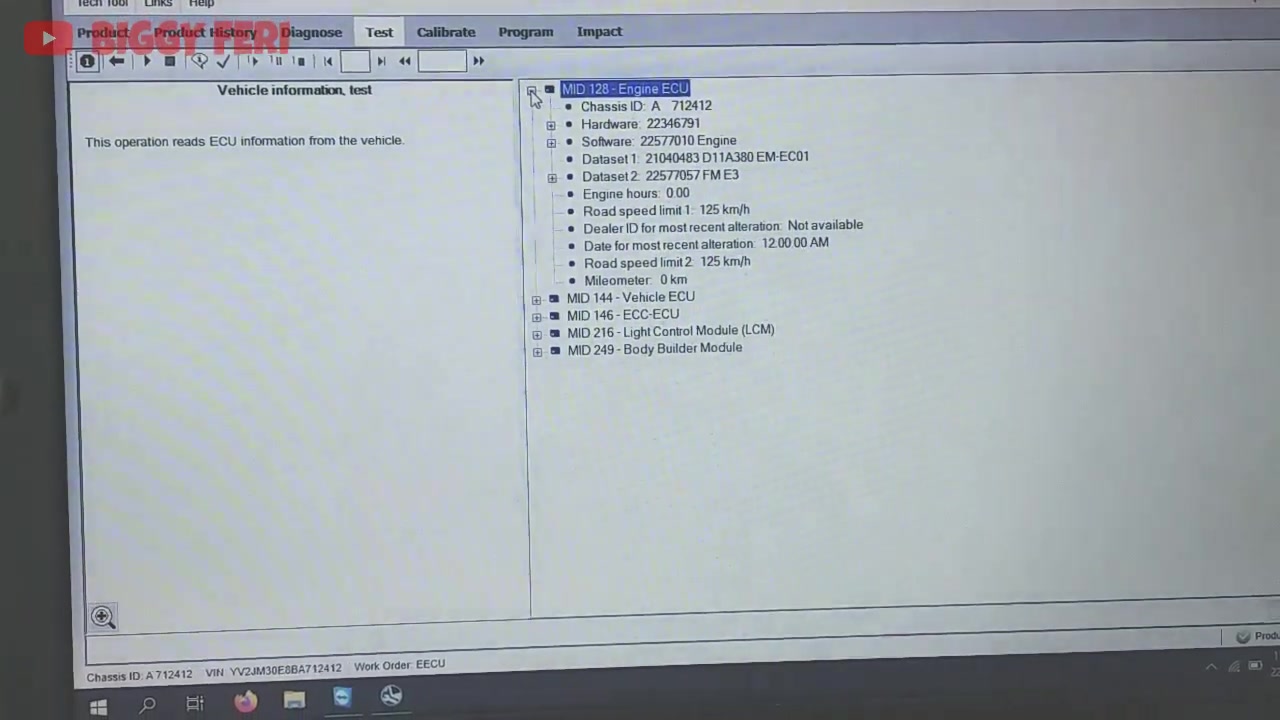 Vehicle information test results after software installation, showing Engine ECU data now populated with Chassis ID, Hardware, Software, and Datasets.
