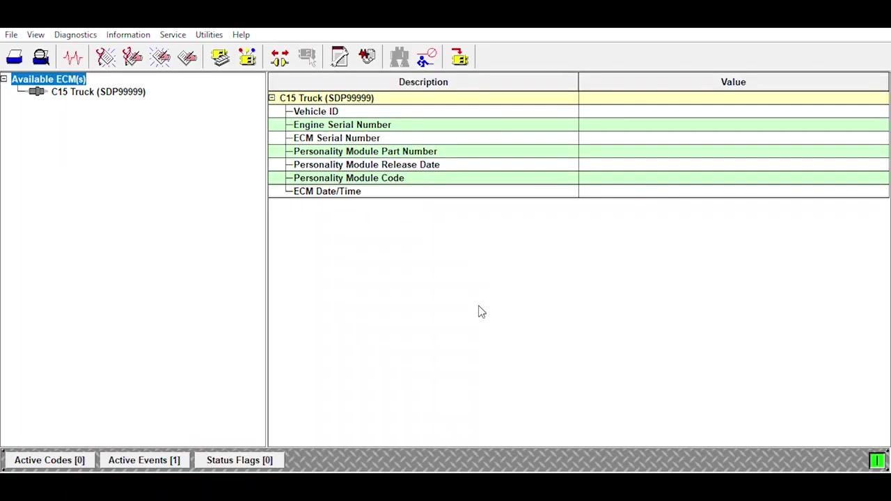 Screenshot of the ET software in 'Trainer' mode, simulating connection to a 'C15 Truck (SDP99999)' and displaying its basic ECM information, similar to a live connection.