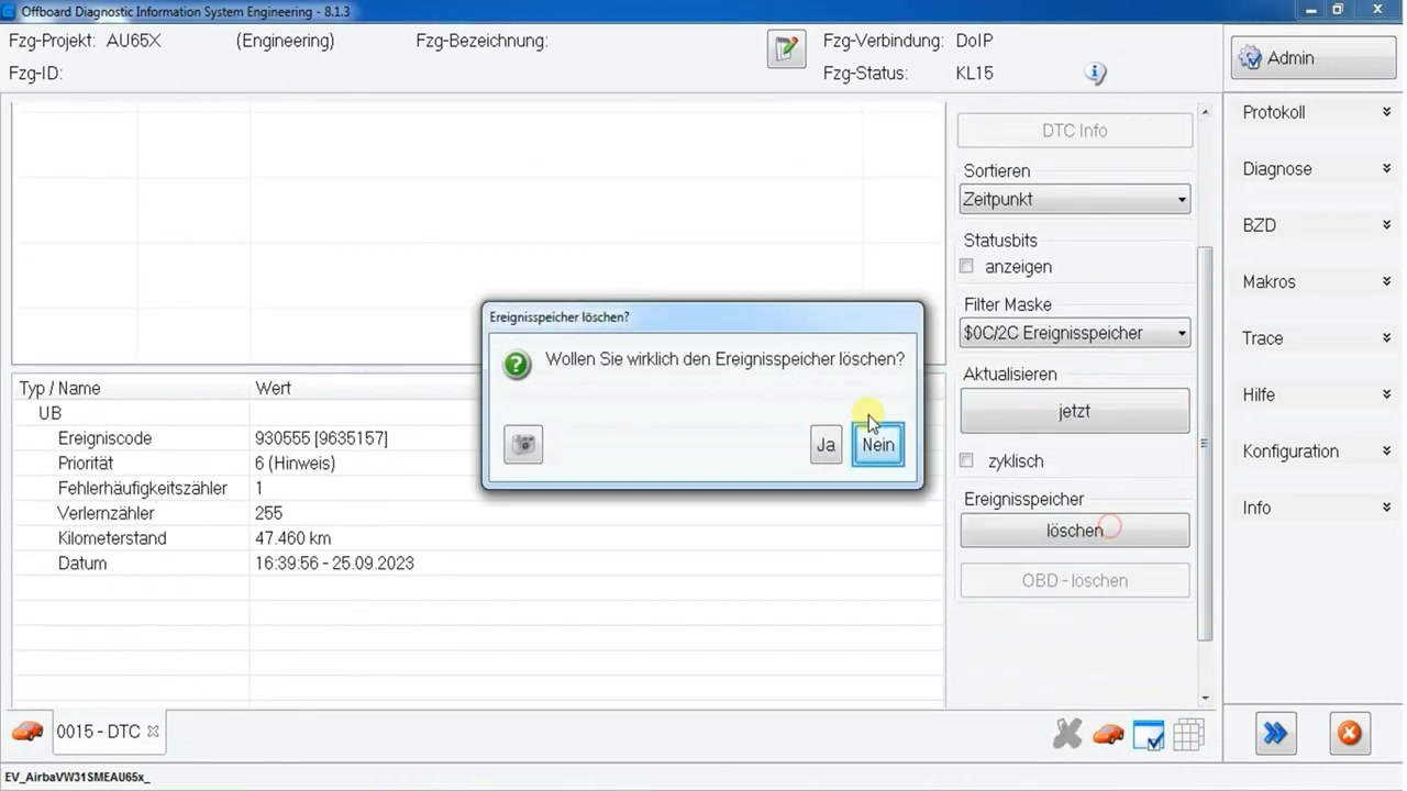 Confirmation dialog to delete the event memory (fault codes).