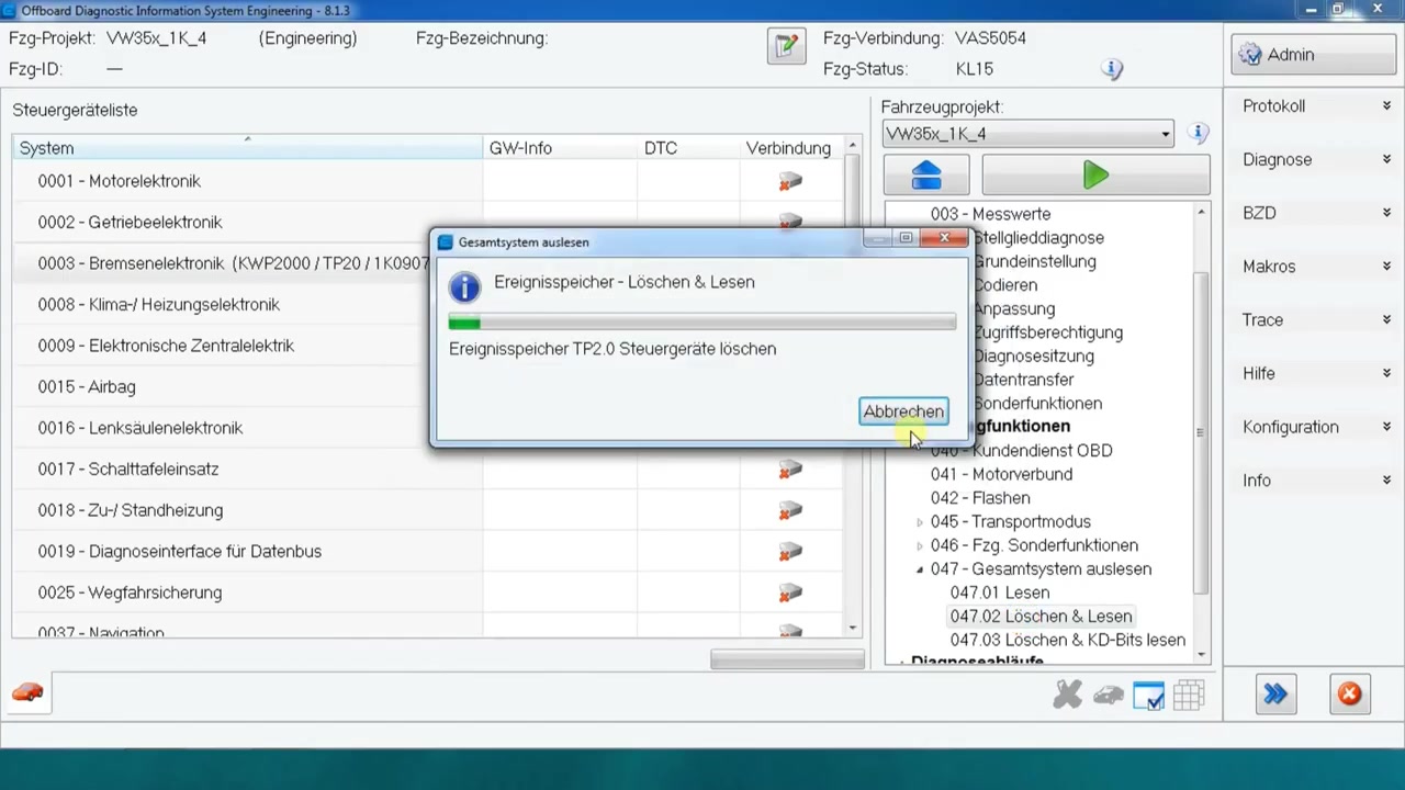 Global system scan in progress, showing 'Ereignisspeicher löschen & lesen' (Clear & Read Error Memory) across multiple control units.