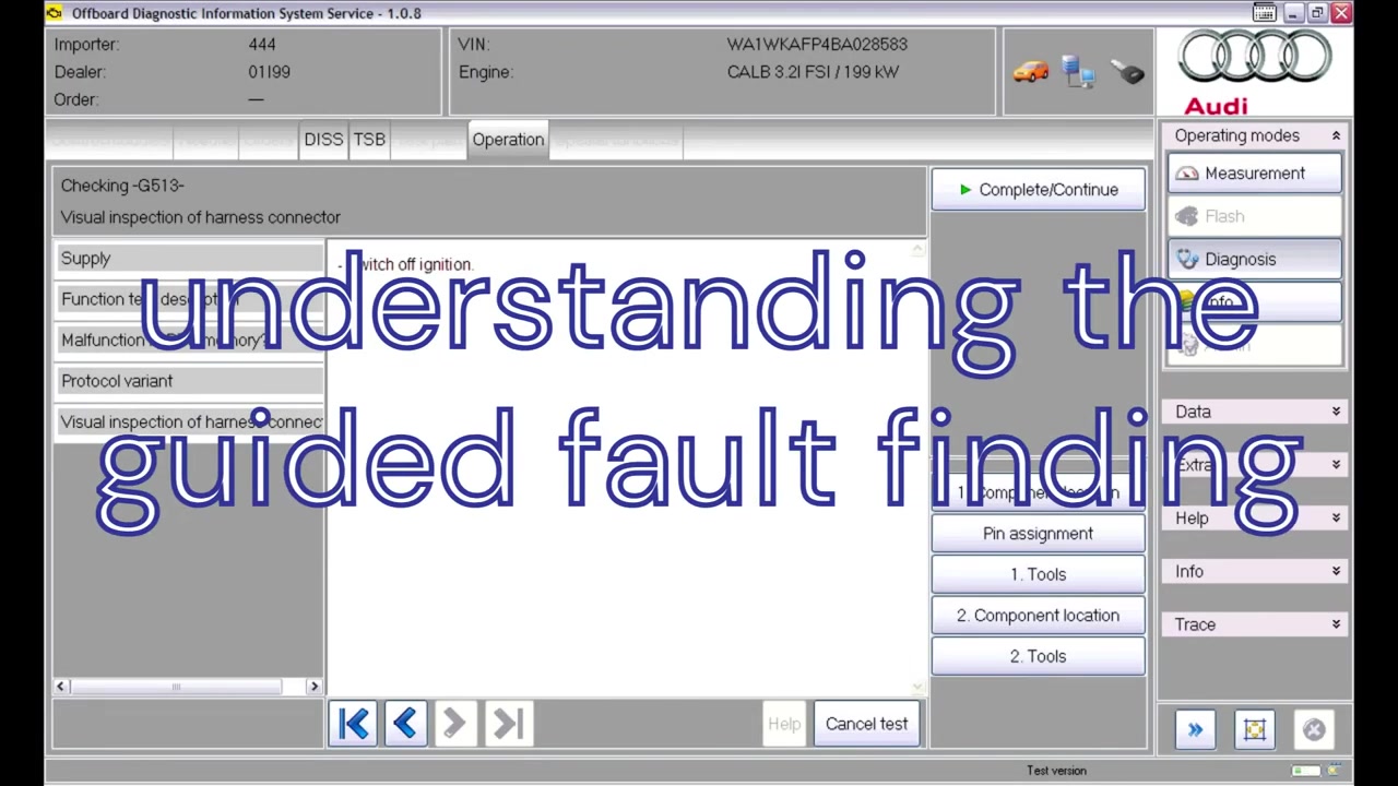 Operation tab displaying a Guided Fault Finding test plan in progress, with steps listed on the left and action buttons on the right.